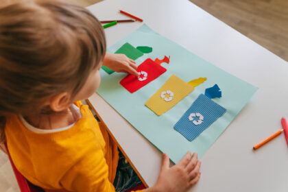 Little girl playing with poster of garbage containers for sorting at kindergarten Top Tips for Becoming an Eco-Friendly School